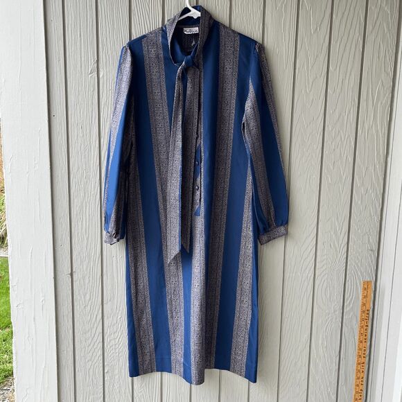 VTG Bayard Sport Blue Stripe Bow Tie Shirt Dress A-Line Made in USA L - Picture 5 of 13